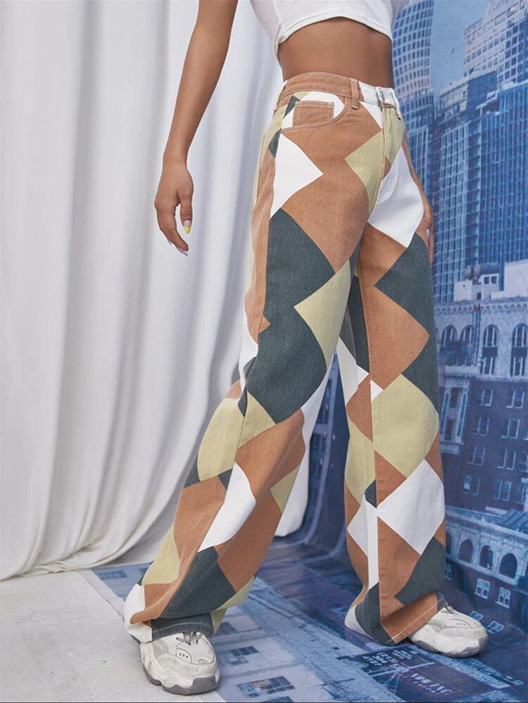 Color Block Argyle Print Wide Leg Jeans - Image 46
