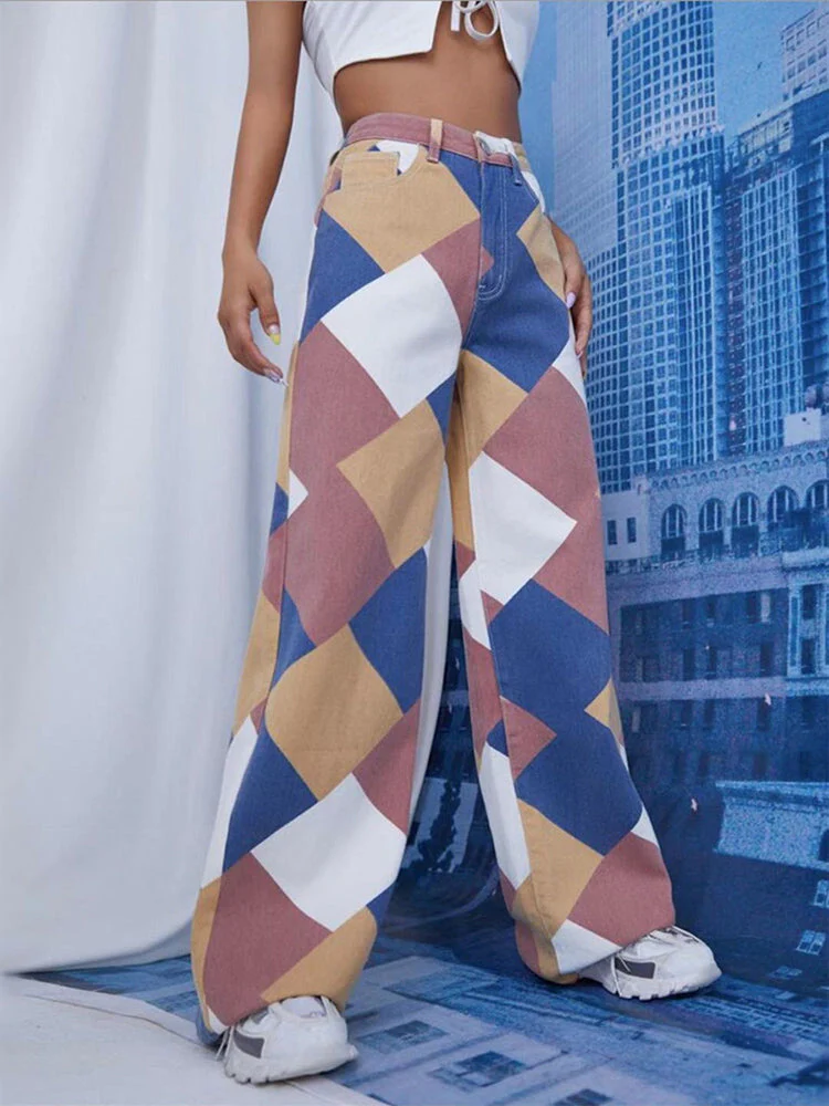 Color Block Argyle Print Wide Leg Jeans - Image 8