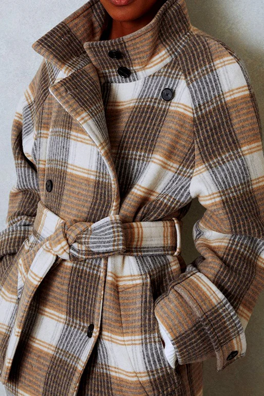 Color Block Check Tweed Belted Overcoat - Image 2
