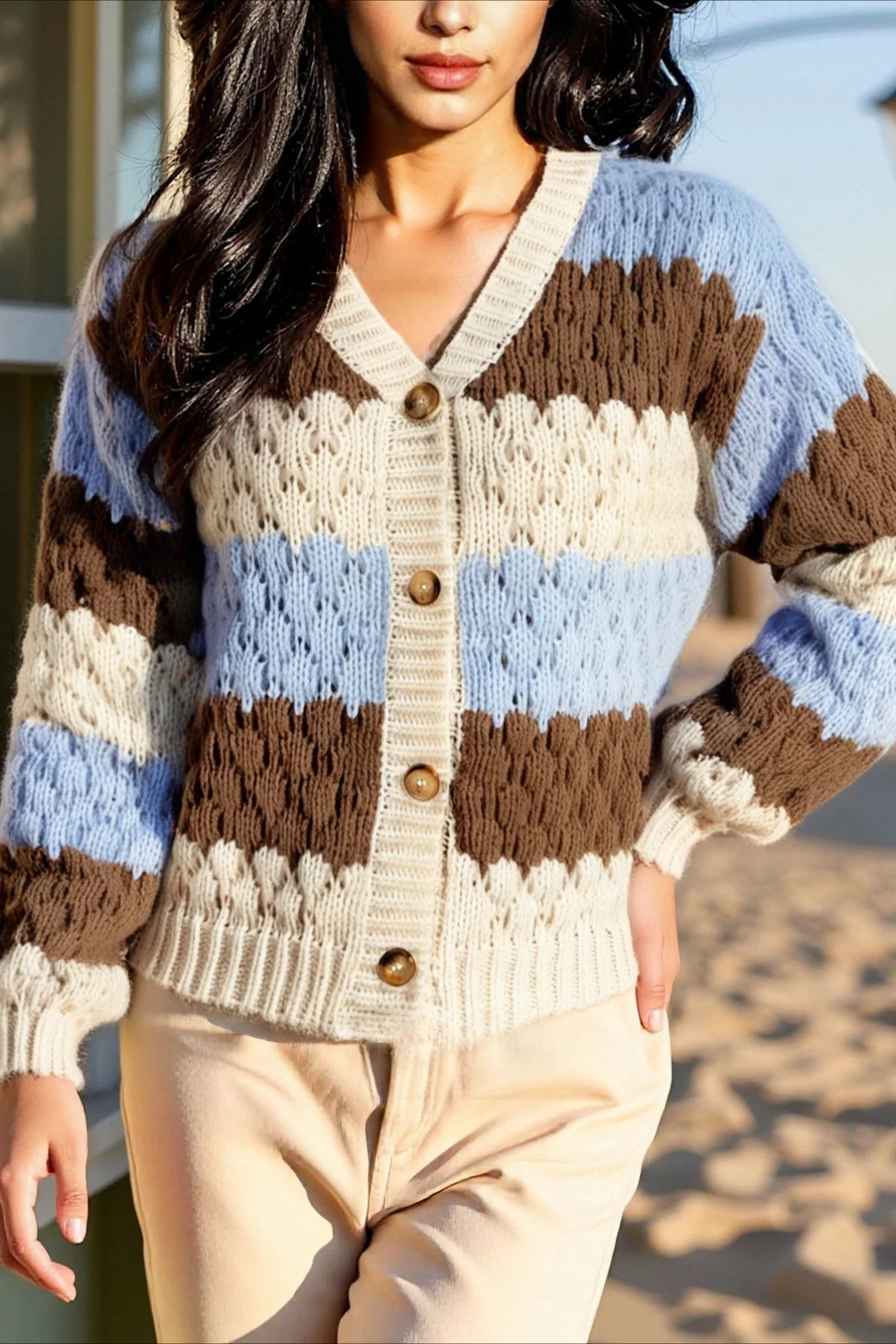 Color Block V-Neck Loose Sweater - Image 2