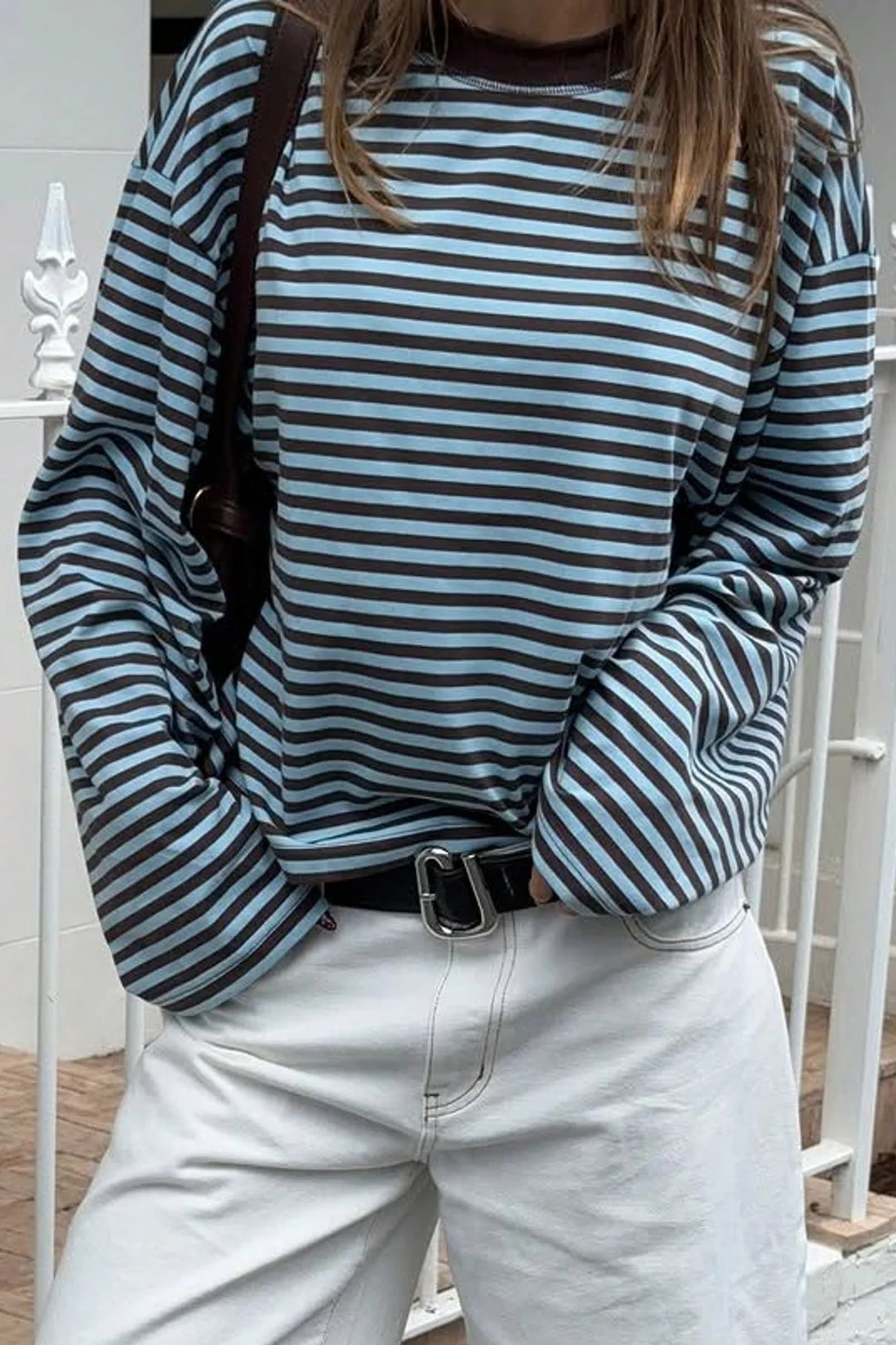 Colorblock Striped Relaxed Fit Long Sleeve Tee - Image 2