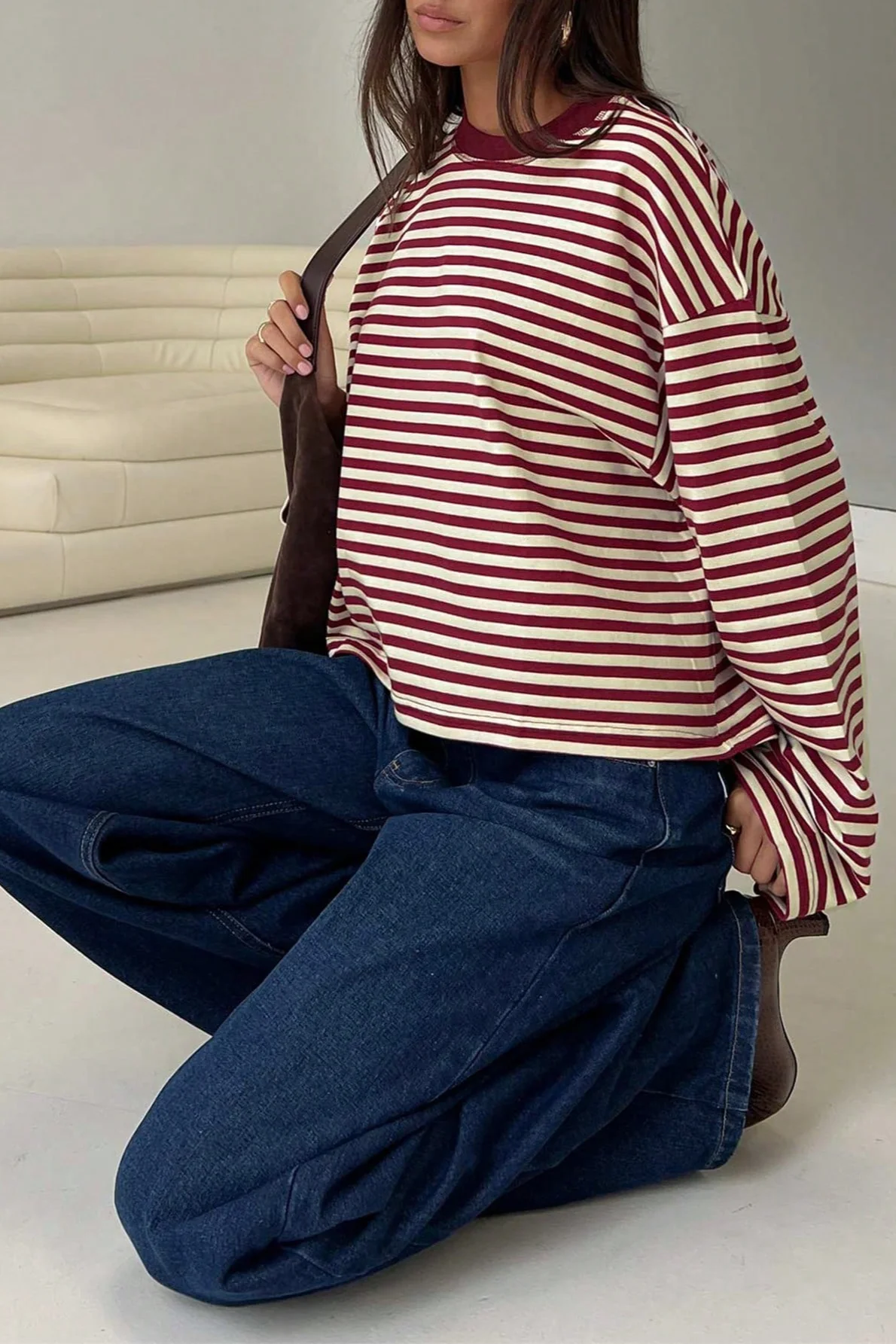 Colorblock Striped Relaxed Fit Long Sleeve Tee - Image 7