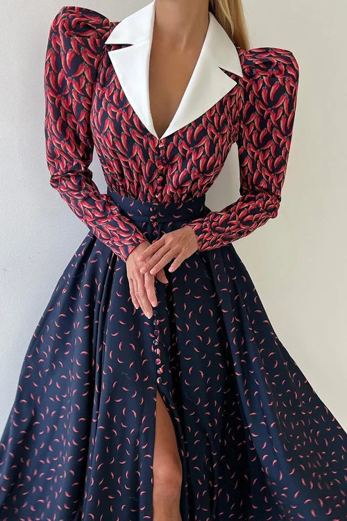 Contrast Collar Long Sleeve A Line Floral Dress - Image 4