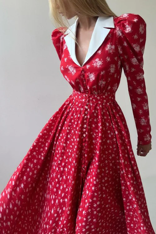 Contrast Collar Long Sleeve A Line Floral Dress - Image 7