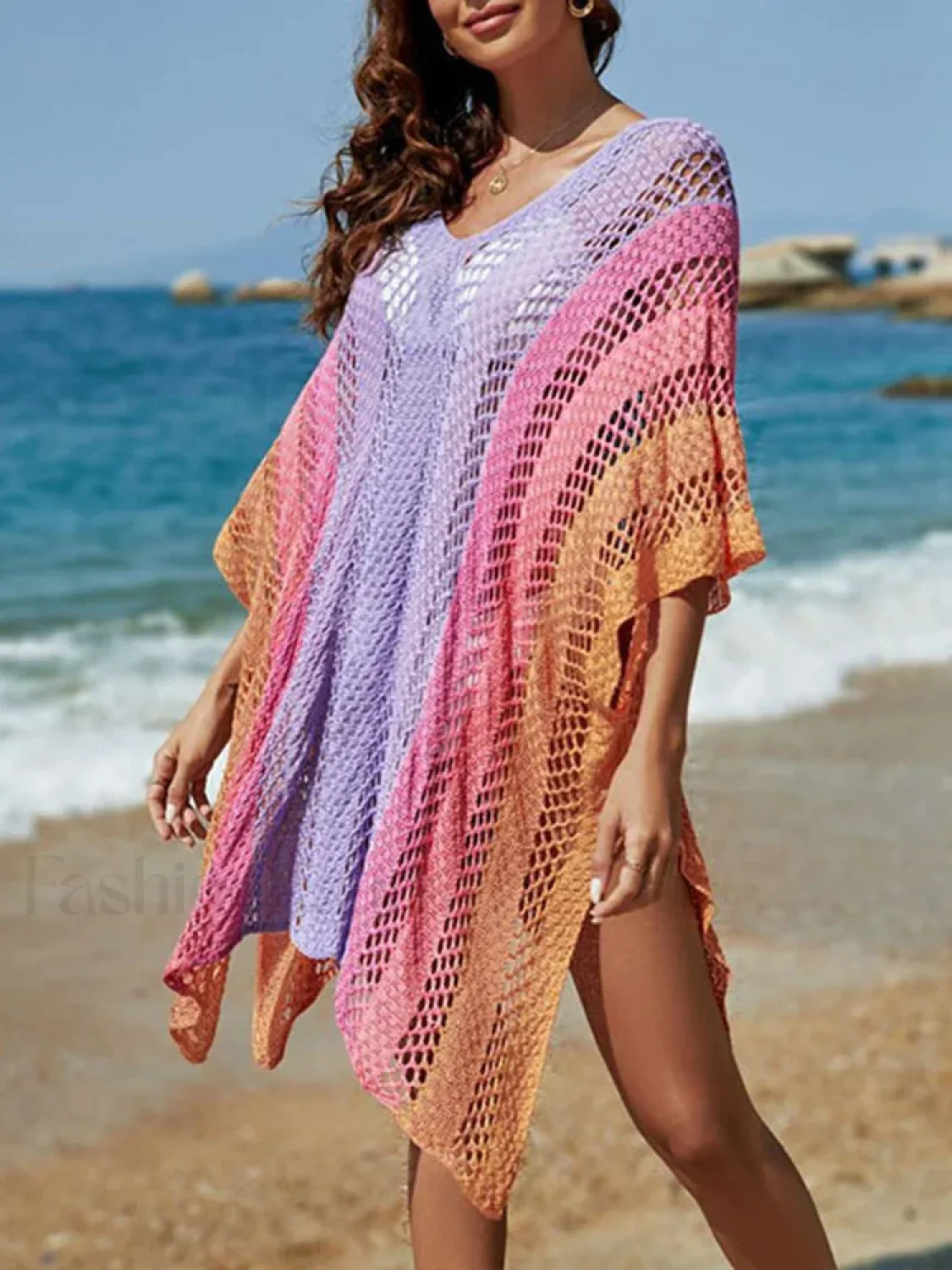 Contrast Color Knitted V-Neck Cover Up - Image 2