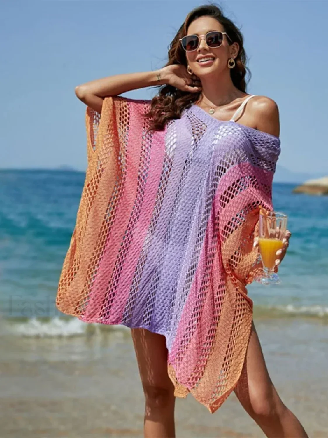 Contrast Color Knitted V-Neck Cover Up - Image 5