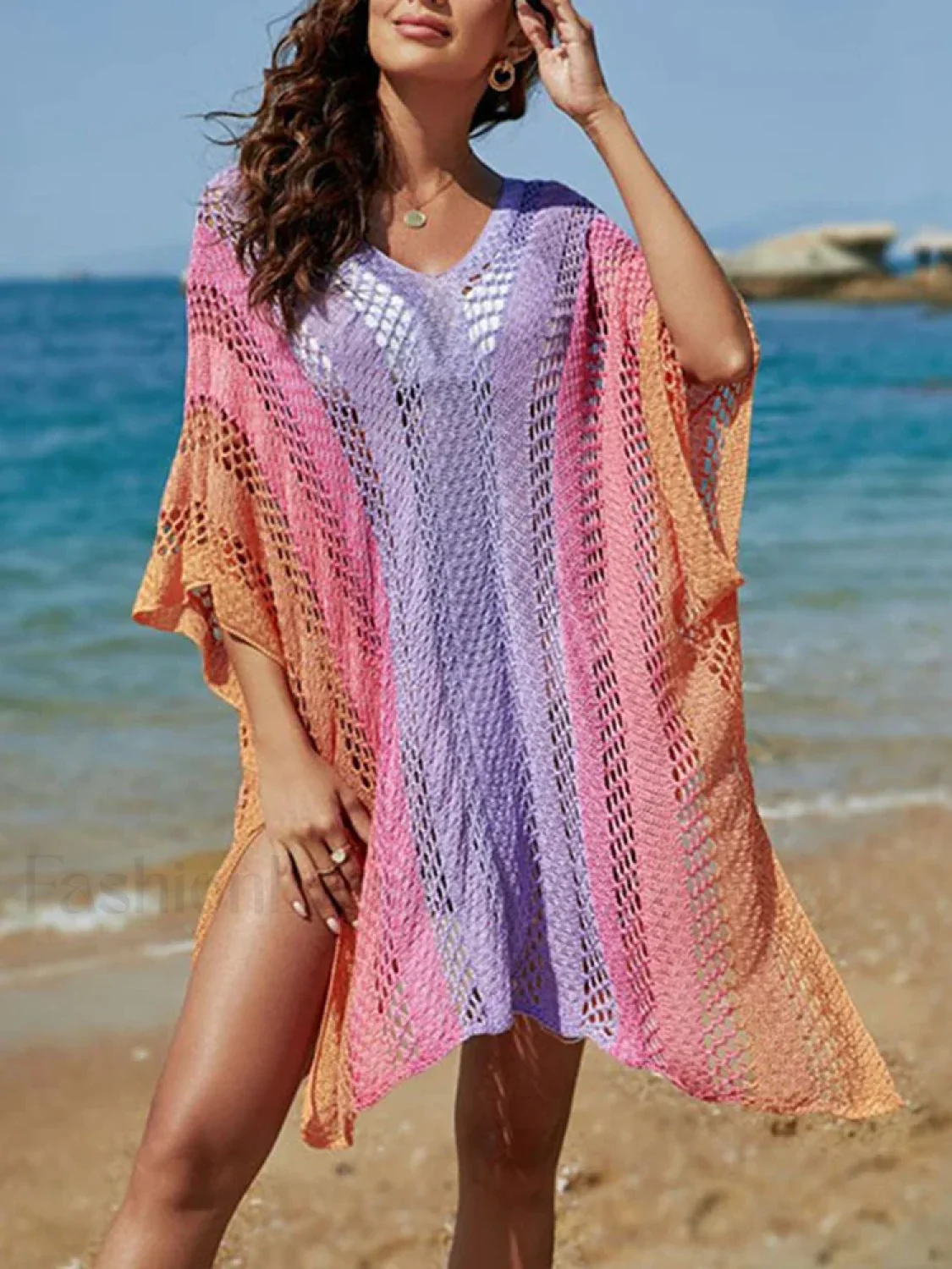 Contrast Color Knitted V-Neck Cover Up - Image 7