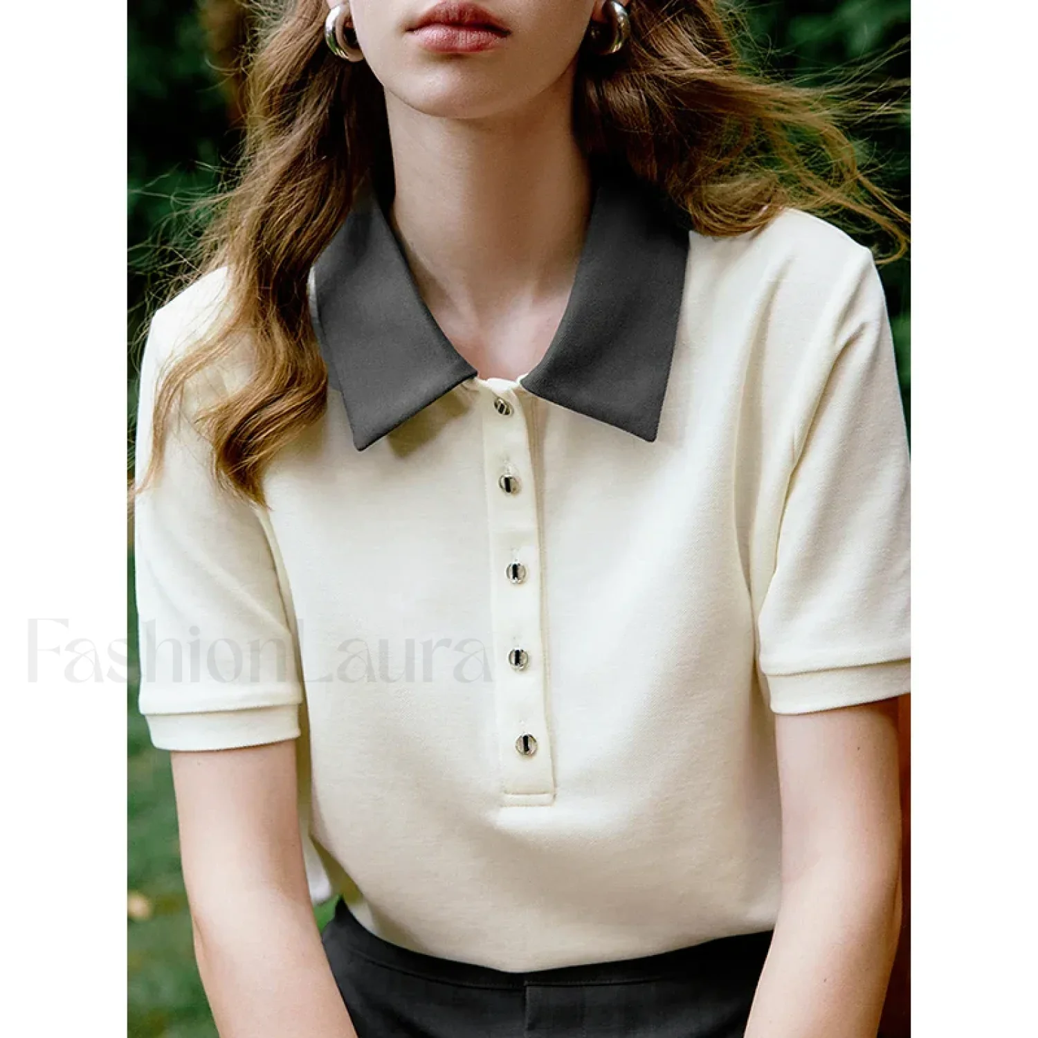 Contrast Polo Collar Pearl Pullover T-Shirt - Image 6