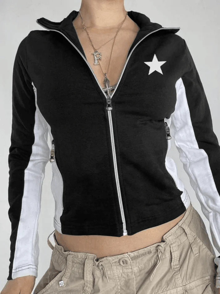 Contrast Star Print Zip-Up Jacket - Image 13