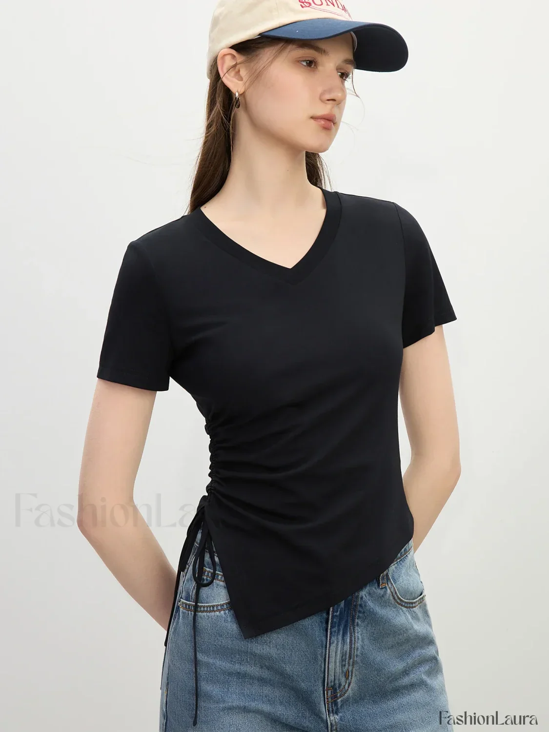 Cooling V-Neck Drawstring Crop T-Shirt - Image 9