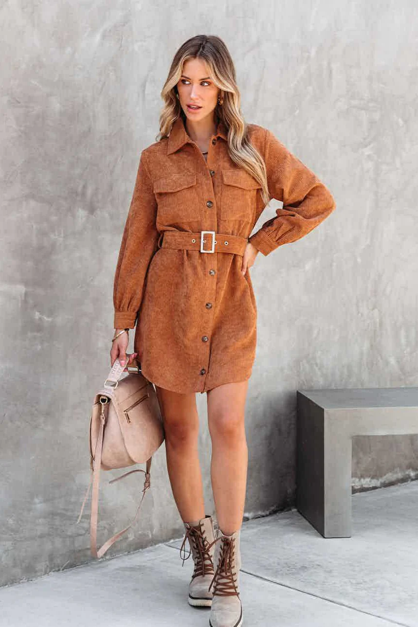 Corduroy Belted Pocket Detail Overcoat - Image 10