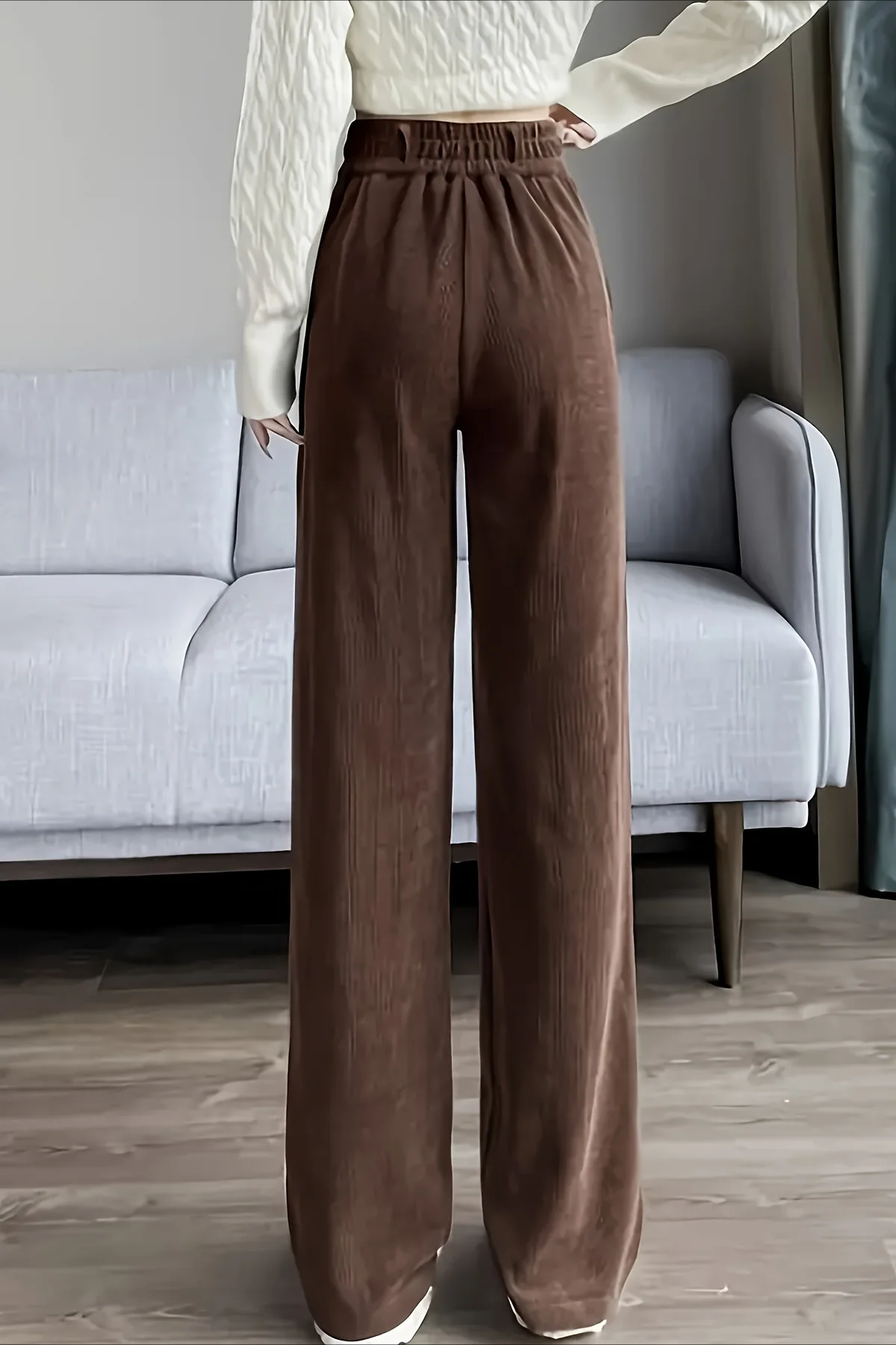 Solid Corduroy Wide Leg Knit Pants - Image 4