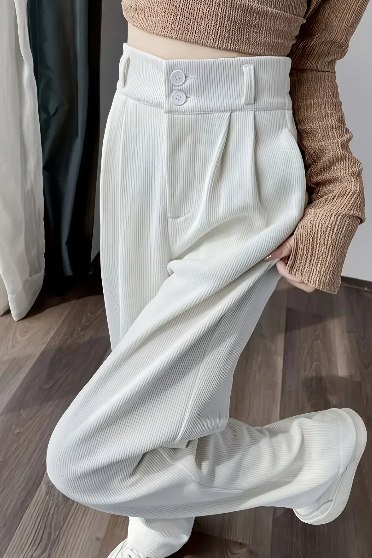 Solid Corduroy Wide Leg Knit Pants - Image 5