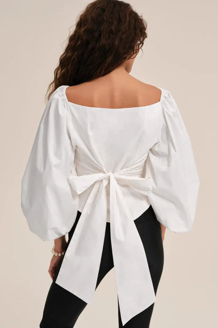 Corset Back Bow Puff Sleeve Blouse - Image 2