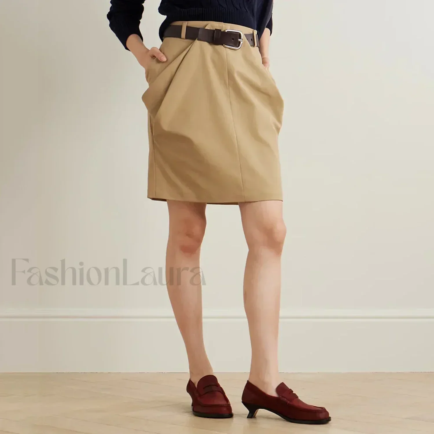 Cotton Drape Peplum Belted Skirt