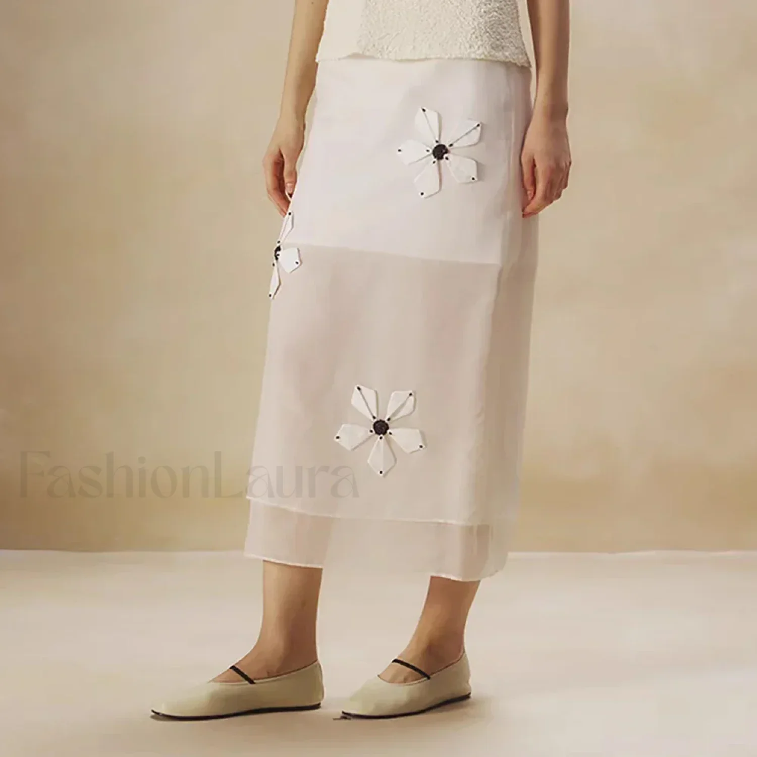 Cotton Floral Organza Slit Skirt - Image 3