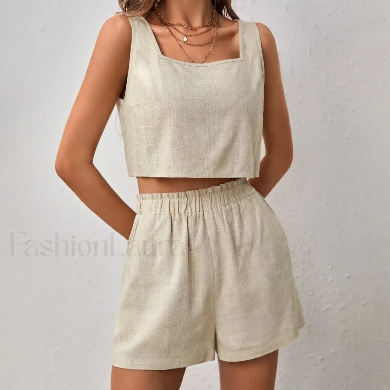 Cotton Linen Backless Pocket Shorts Two Piece Set - Image 4