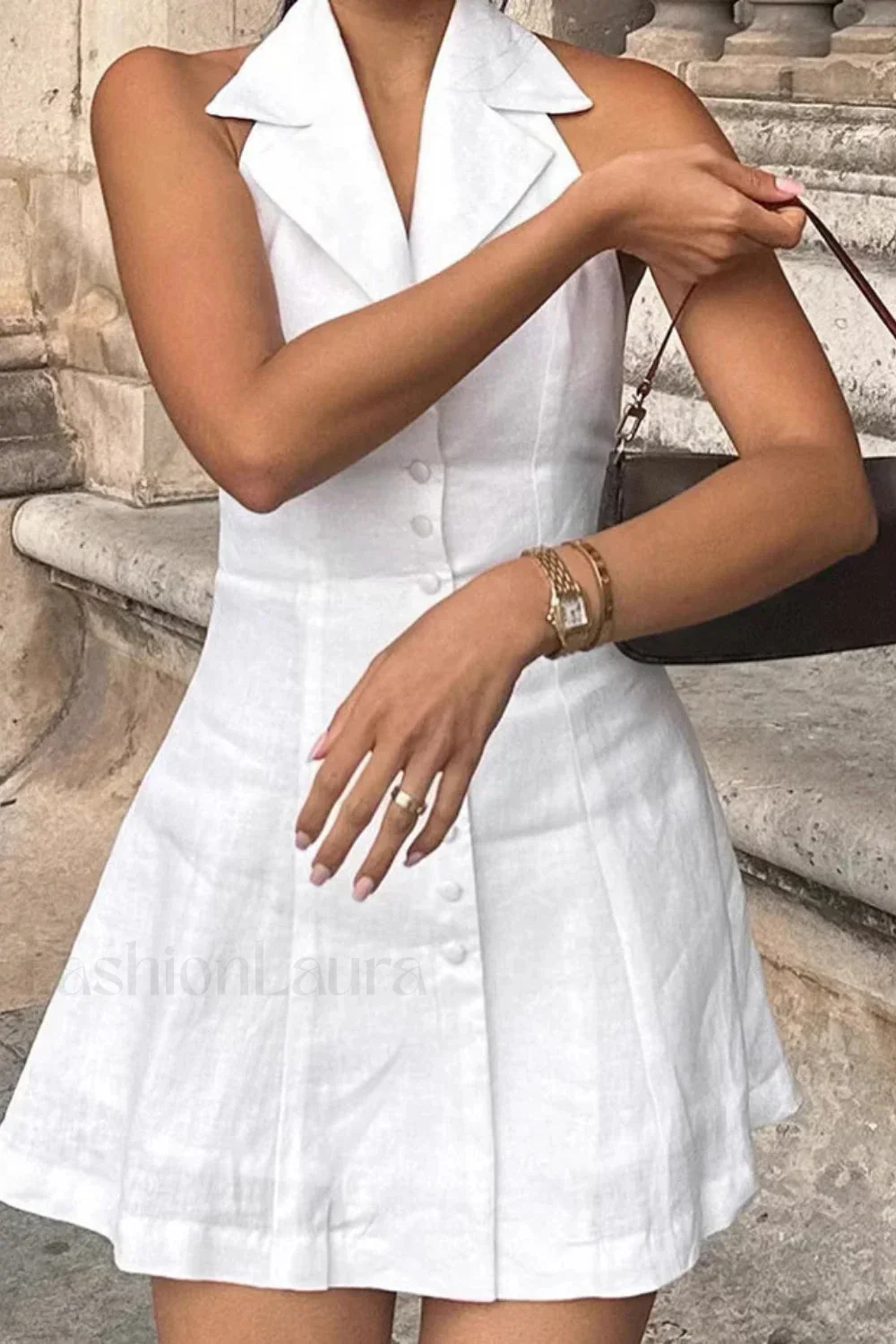 Cotton Linen Backless Sexy Neckline Mini Dress - Image 3