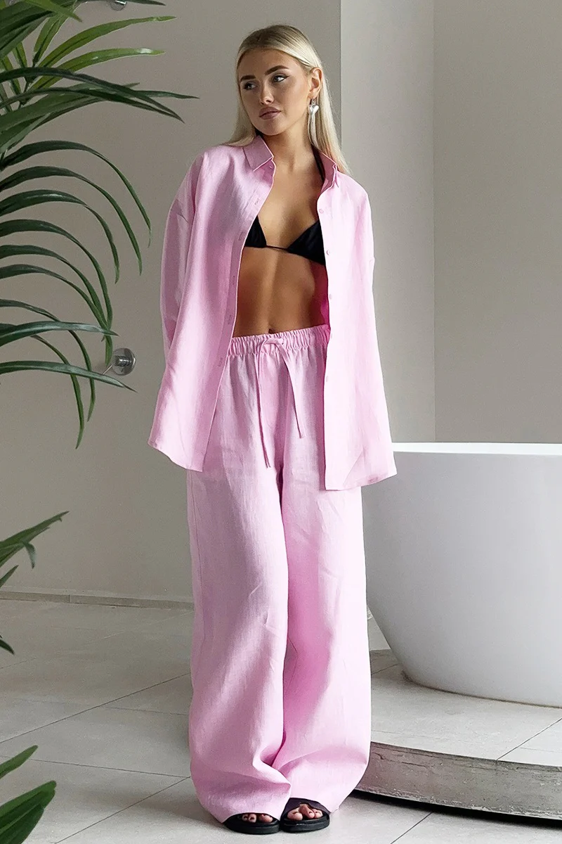 Cotton Long Sleeve Button Down Shirt Pants Set - Image 14