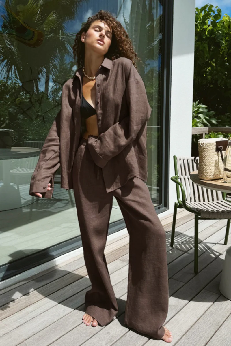 Cotton Long Sleeve Button Down Shirt Pants Set - Image 17