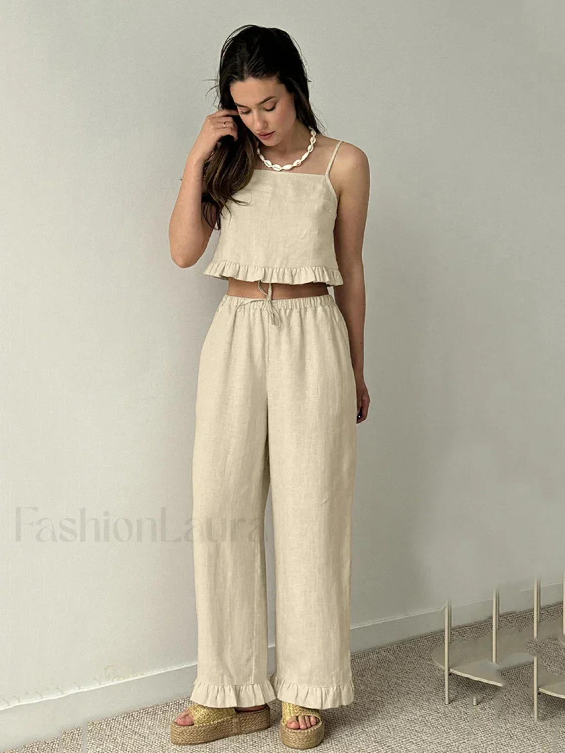 Cotton Strap Pajama Pants Two Piece Set - Image 10