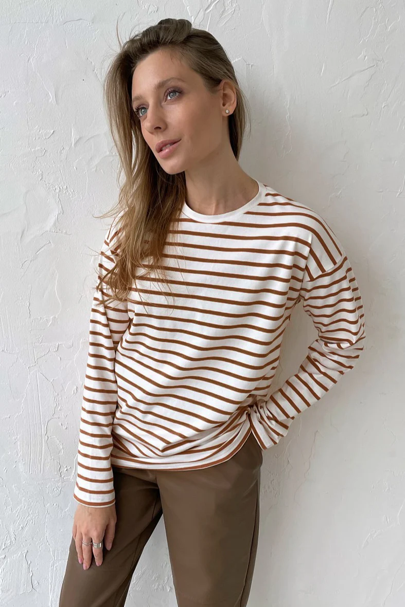 Cotton Striped Crew Neck Long Sleeve Tee - Image 6