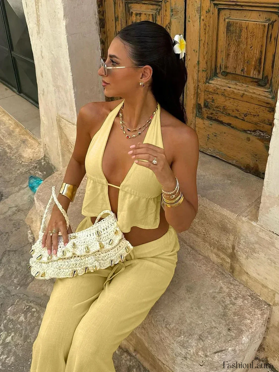 Cotton V-Neck Lace Pants Two Piece Set - Image 10