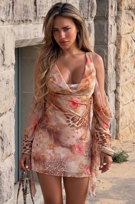 Cowl Neck Backless Leopard Mesh Mini Dress - Image 3