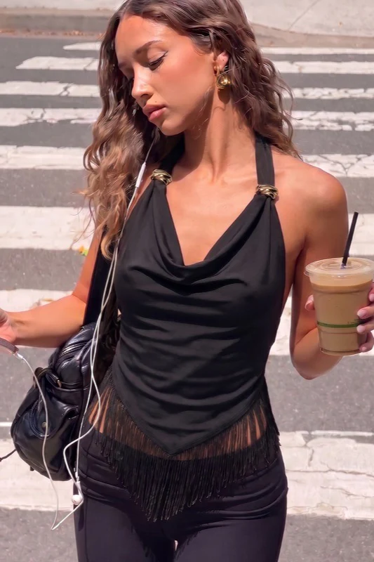 Cowl Neck Metal Accent Fringe Hem Halter Top - Image 5