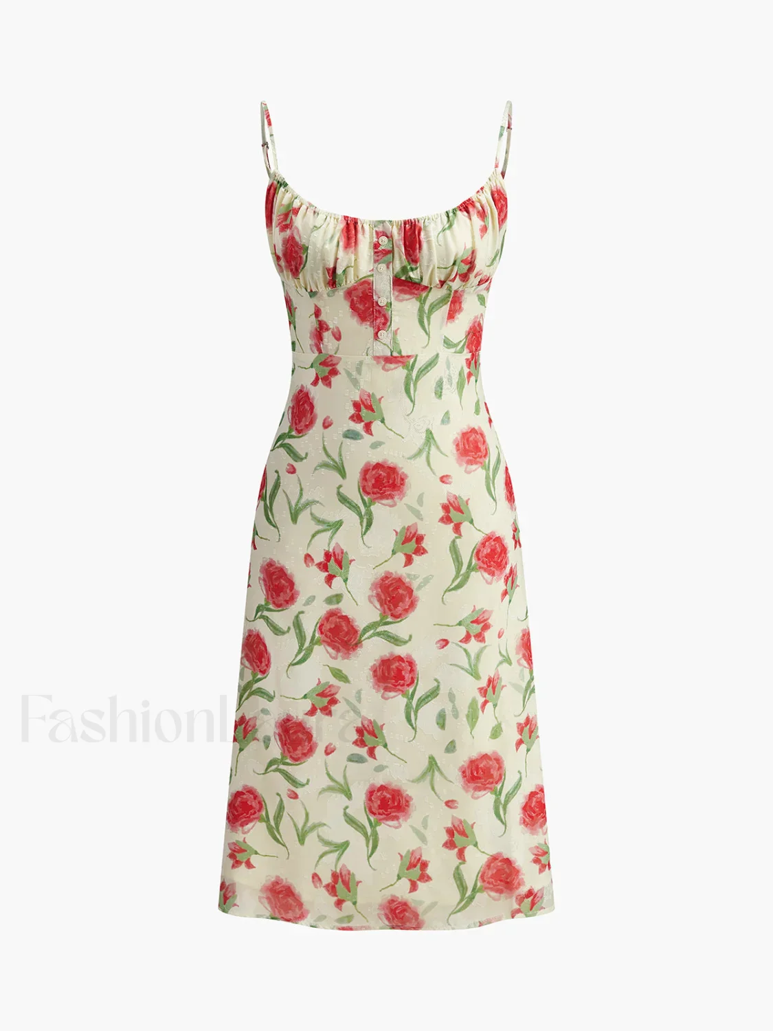 Floral Ruched Button Detail Dress - Image 7