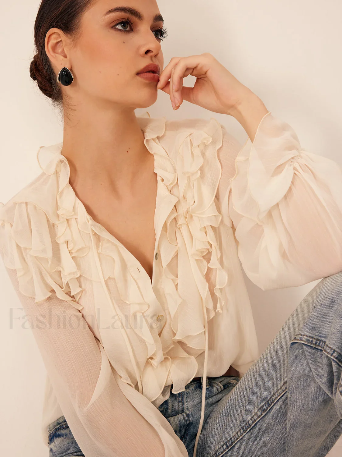 Semi-Sheer Ruffle Chiffon Breasted Blouse - Image 11
