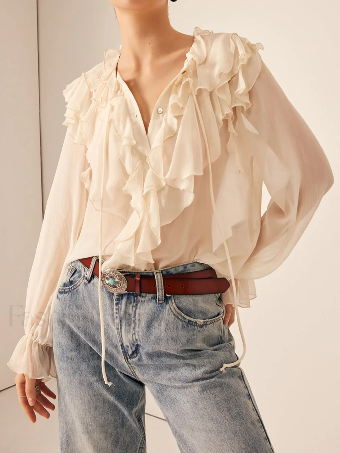 Semi-Sheer Ruffle Chiffon Breasted Blouse - Image 14