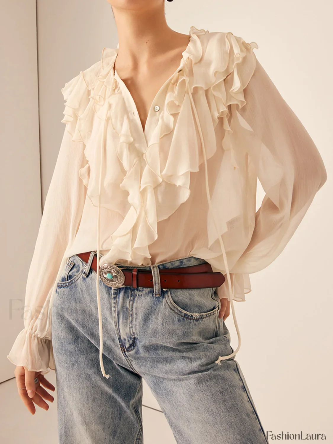 Semi-Sheer Ruffle Chiffon Breasted Blouse - Image 21