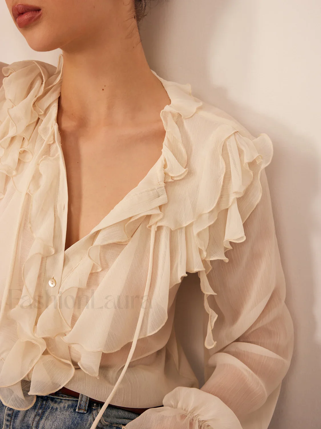 Semi-Sheer Ruffle Chiffon Breasted Blouse - Image 3