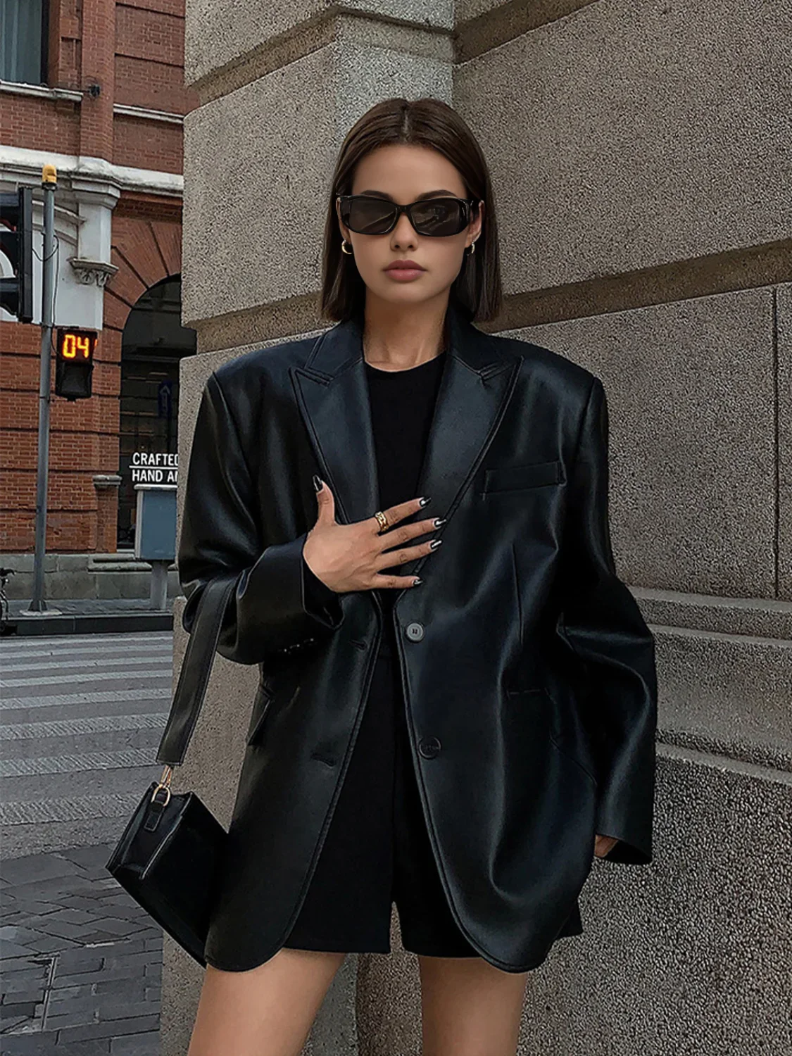 Lapel Pockets Leather Blazer - Image 16