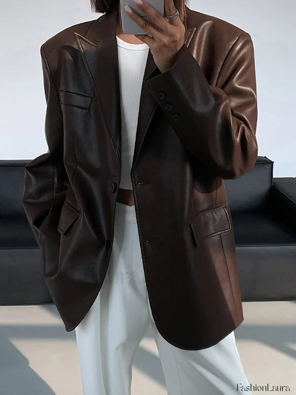 Lapel Pockets Leather Blazer - Image 19