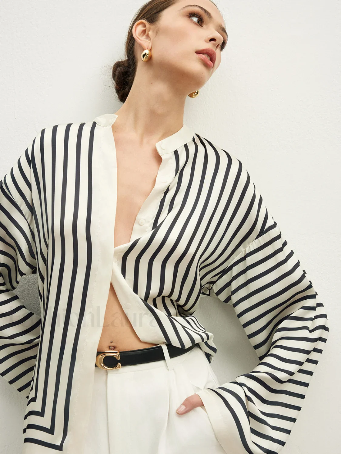 Satin Striped Button Cozy Blouse - Image 12