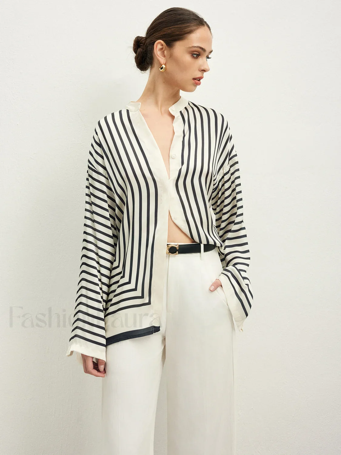 Satin Striped Button Cozy Blouse - Image 3