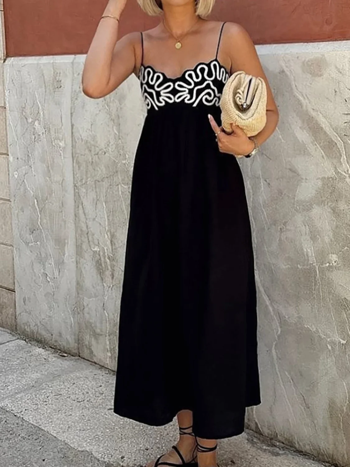 Embroidered Shirred Spaghetti Strap Long Dress - Image 10