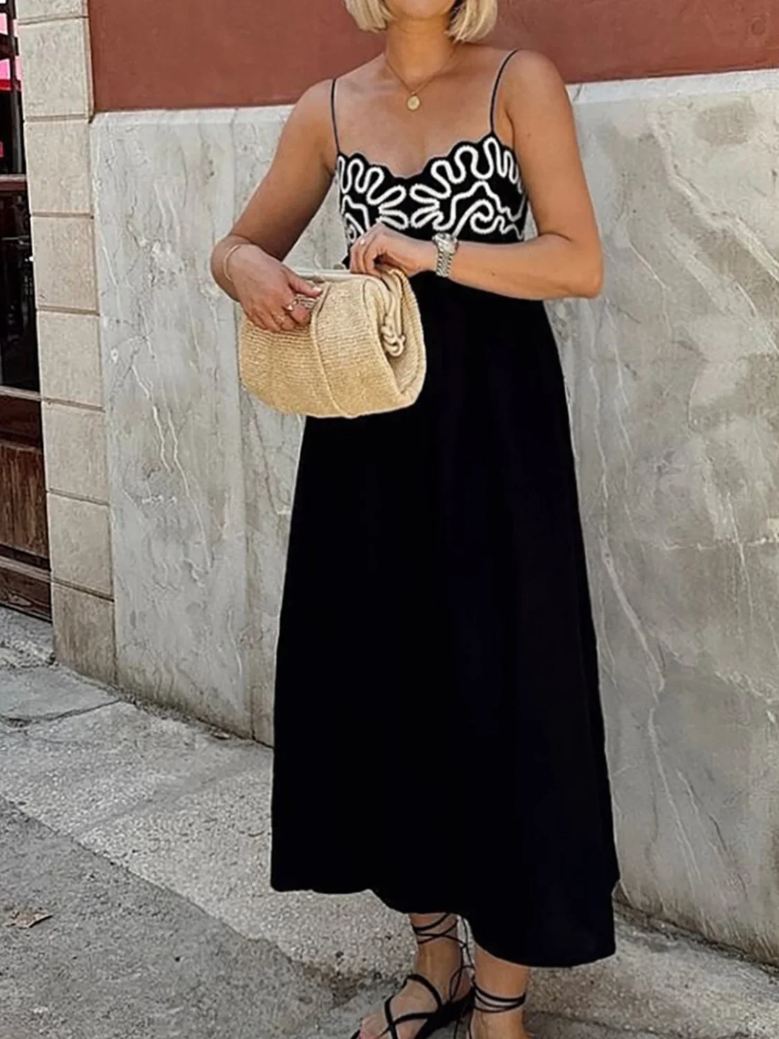 Embroidered Shirred Spaghetti Strap Long Dress - Image 8