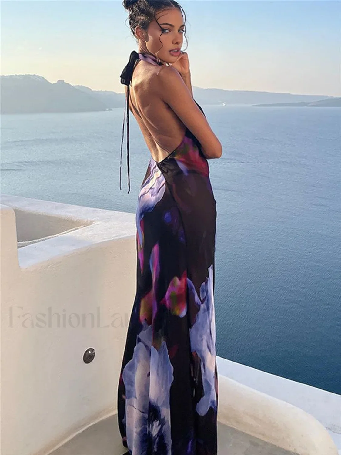 Semi-Sheer Print Backless Halter Dress - Image 7