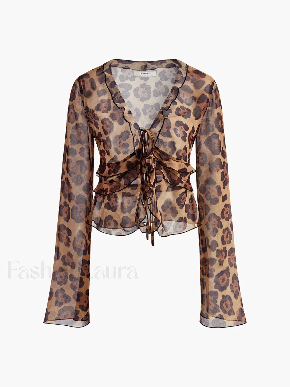Leopard Print Semi-Sheer Ruffle V-Neck Blouse - Image 15