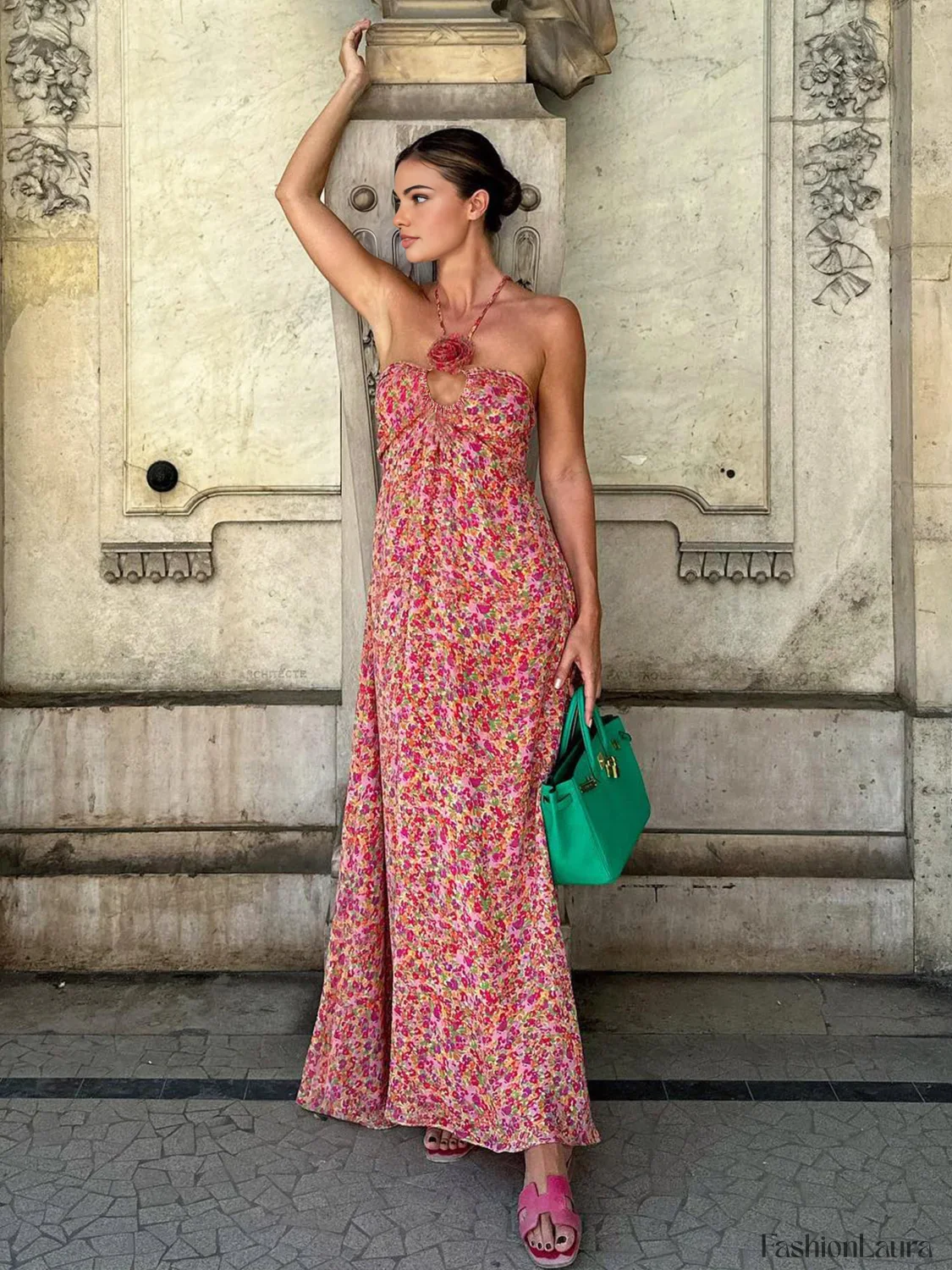 Boho Floral Print Rosette Decor Halter Long Dress - Image 9