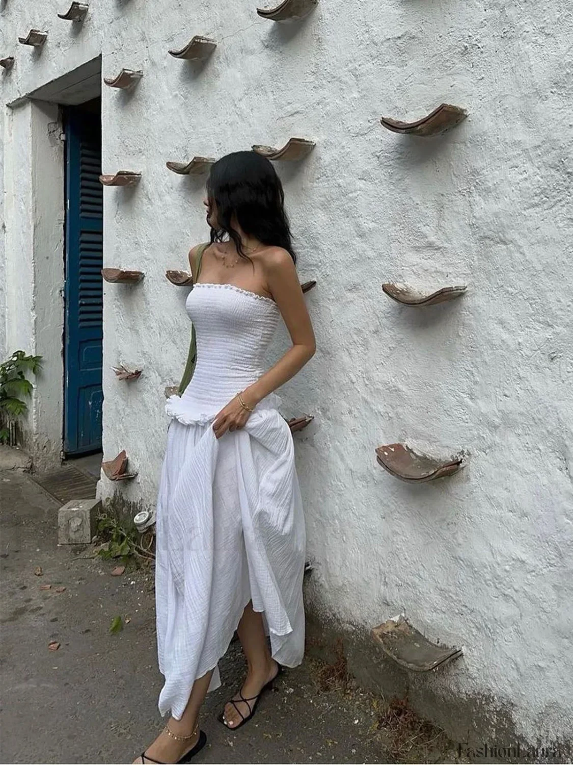 Cotton Blends Shirred Tube Long Dress - Image 9
