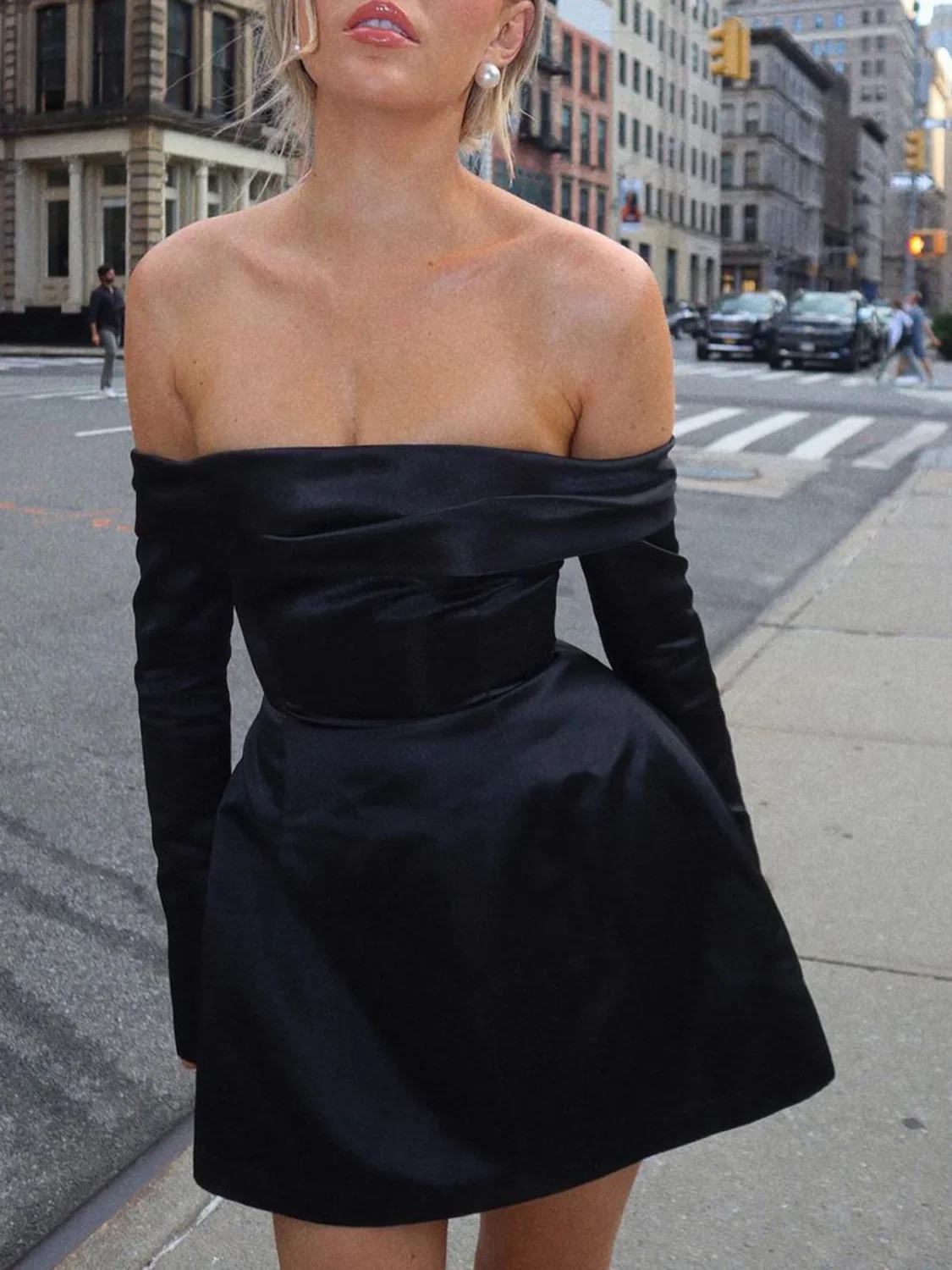 Off Shoulder Long Sleeve Overfold Mini Dress - Image 2