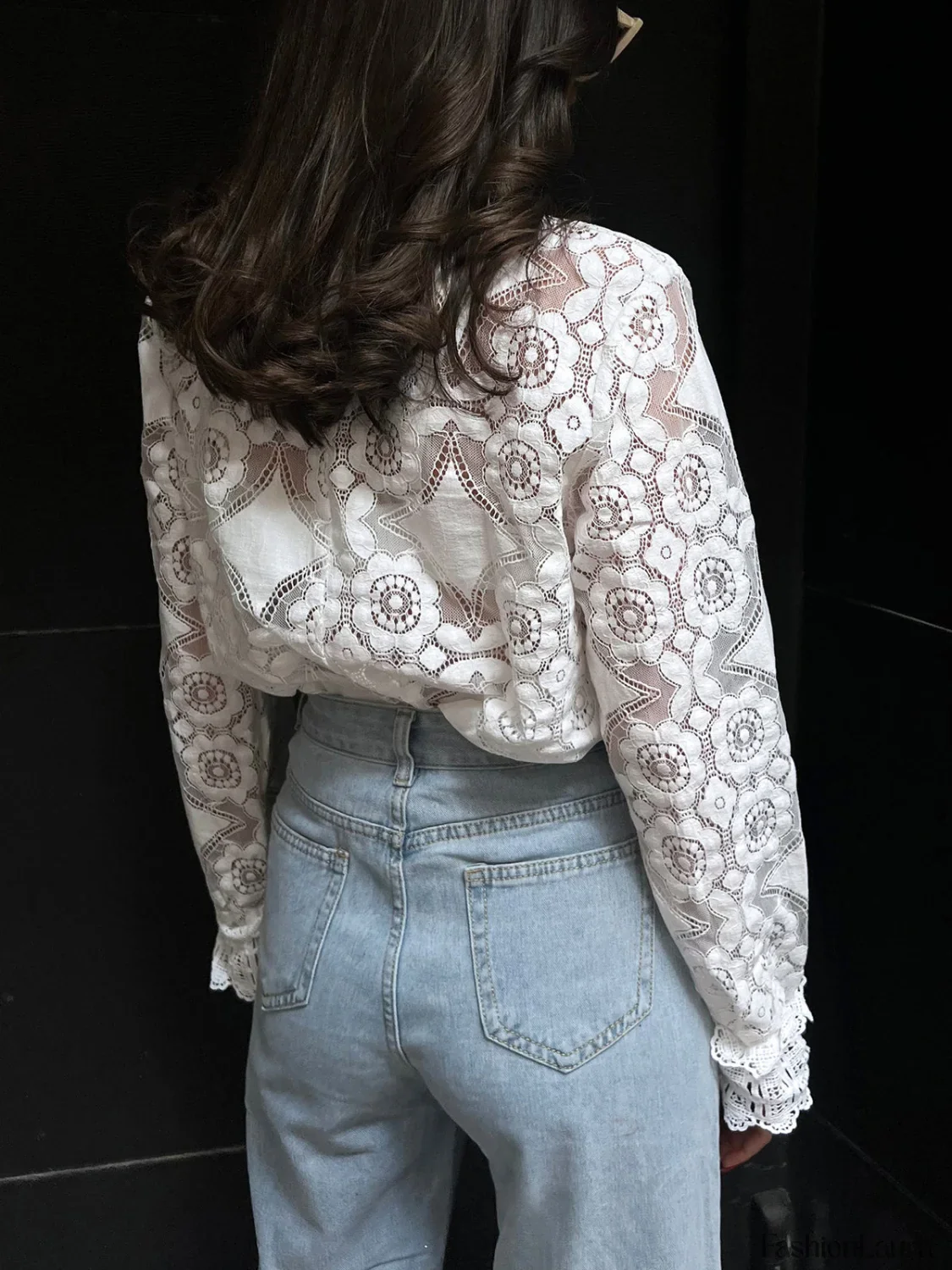 Semi-Sheer Lace Embroidery Floral Mock Neck T-Shirt - Image 7
