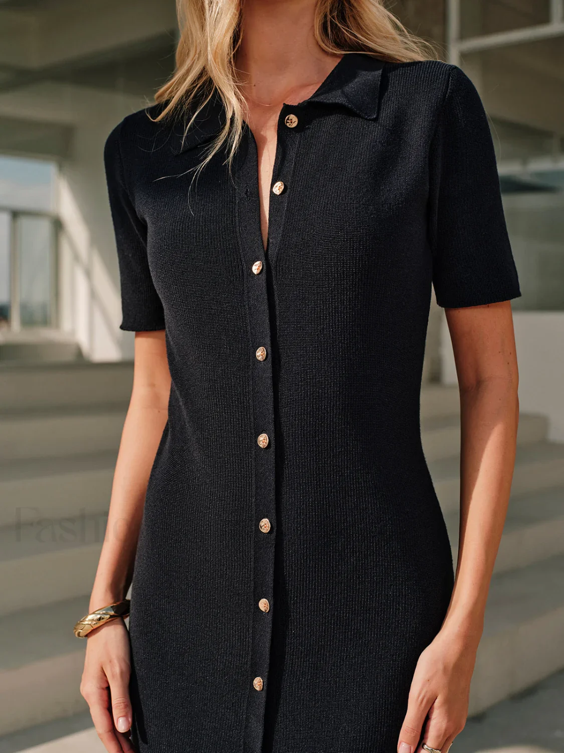 Metal Button Collar Midi Dress - Image 4