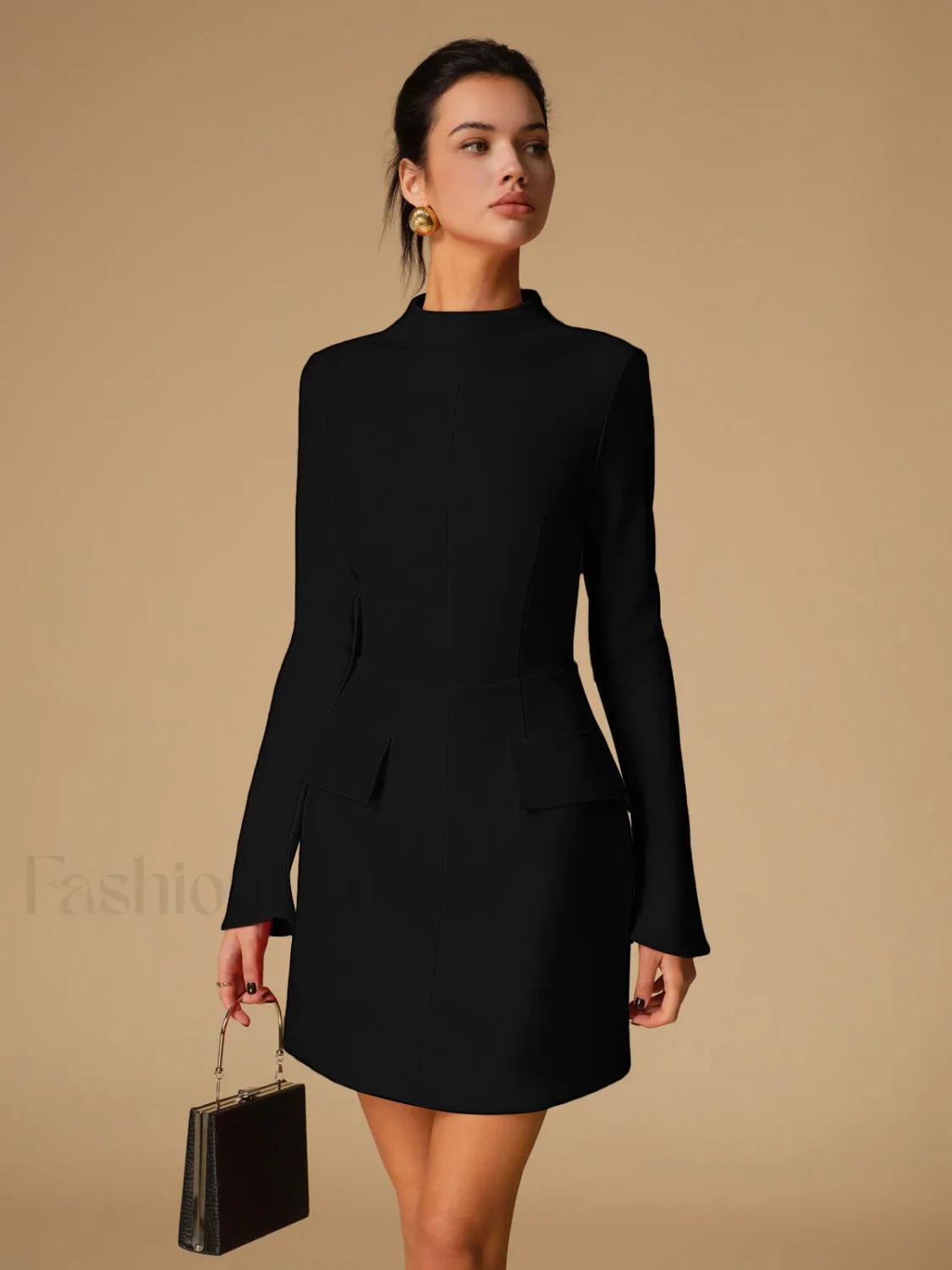 Minimalist Plain Mock Neck Dress - Image 17