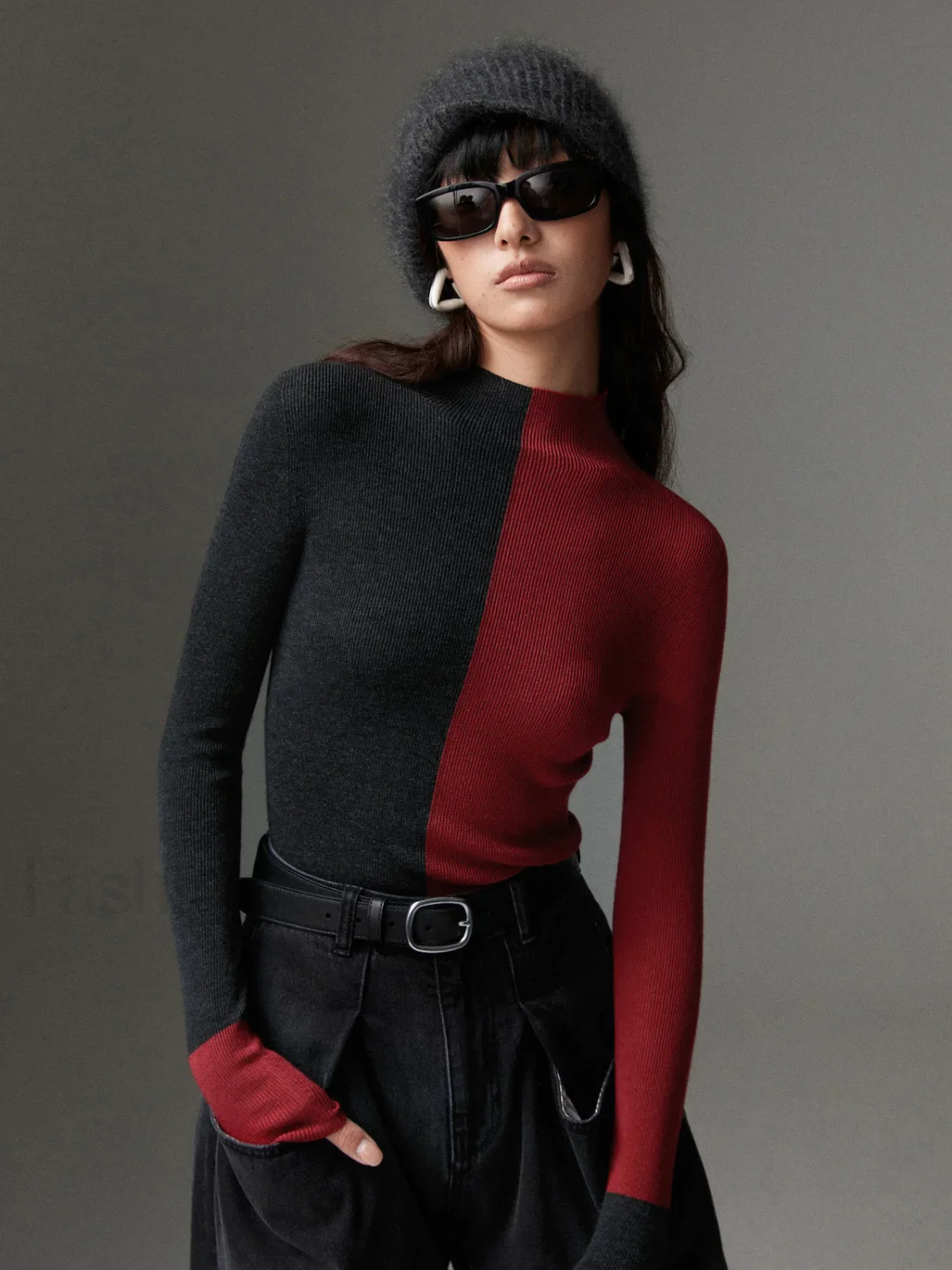 Wool-Blend Two Tone Skinny Knit Top - Image 25