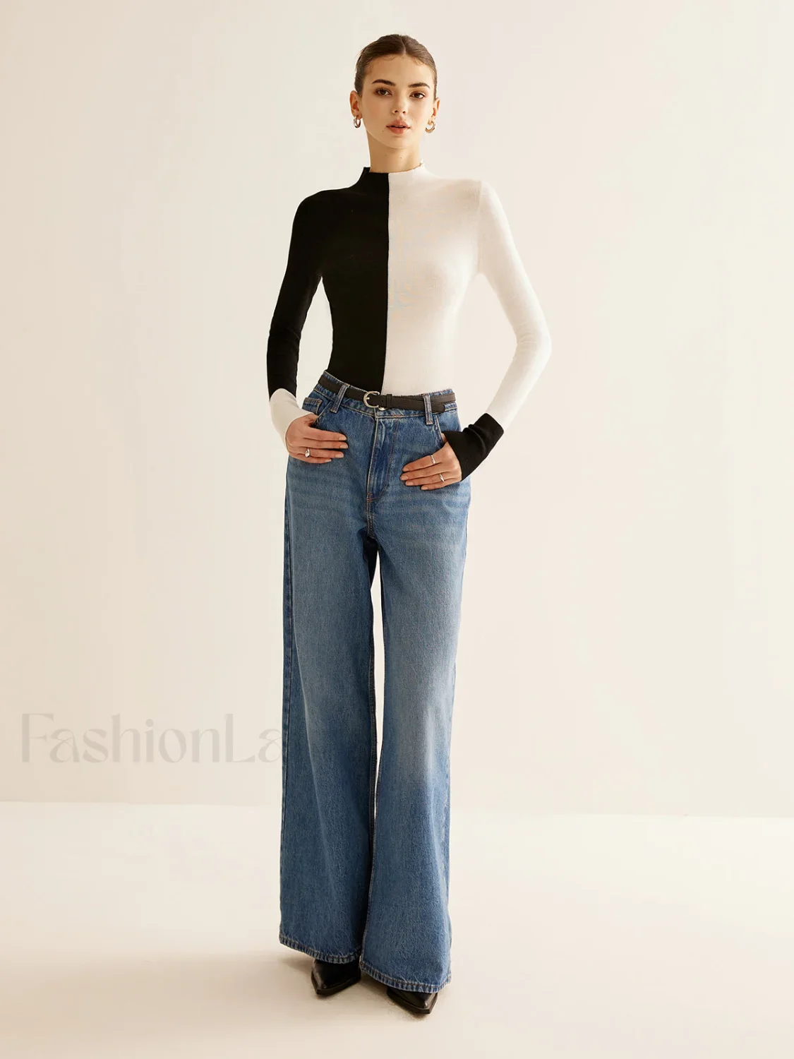 Wool-Blend Two Tone Skinny Knit Top - Image 4
